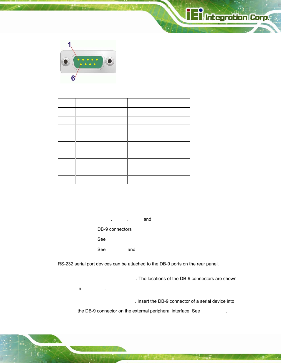 10 rs-232 serial port connectors, Figure 3-25: db-9 connector pinout location, Table 3-6: db-9 connector pinouts | IEI Integration TANK-800-D525 v1.14 User Manual | Page 47 / 137