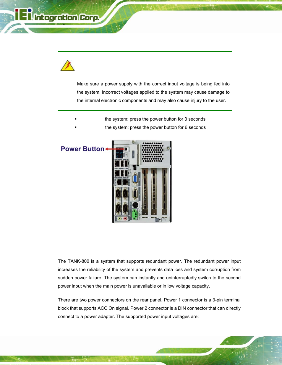 8 powering on/off the system, 9 redundant power, Owering | Ff the, Ystem, Edundant, Ower, Figure 3-31: power button | IEI Integration TANK-800-D525 v1.14 User Manual | Page 52 / 137
