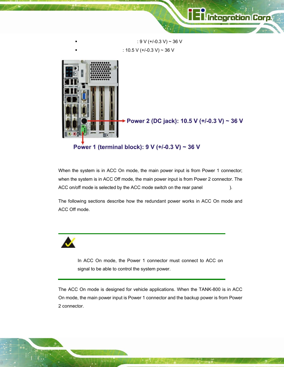 1 acc on, Figure 3-32: power connectors | IEI Integration TANK-800-D525 v1.14 User Manual | Page 53 / 137