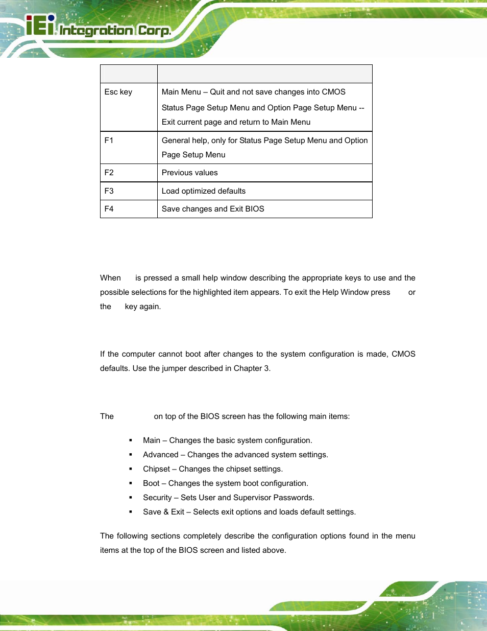 3 getting help, 4 unable to reboot after configuration changes, 5 bios menu bar | Table 4-1: bios navigation keys | IEI Integration TANK-800-D525 v1.14 User Manual | Page 60 / 137