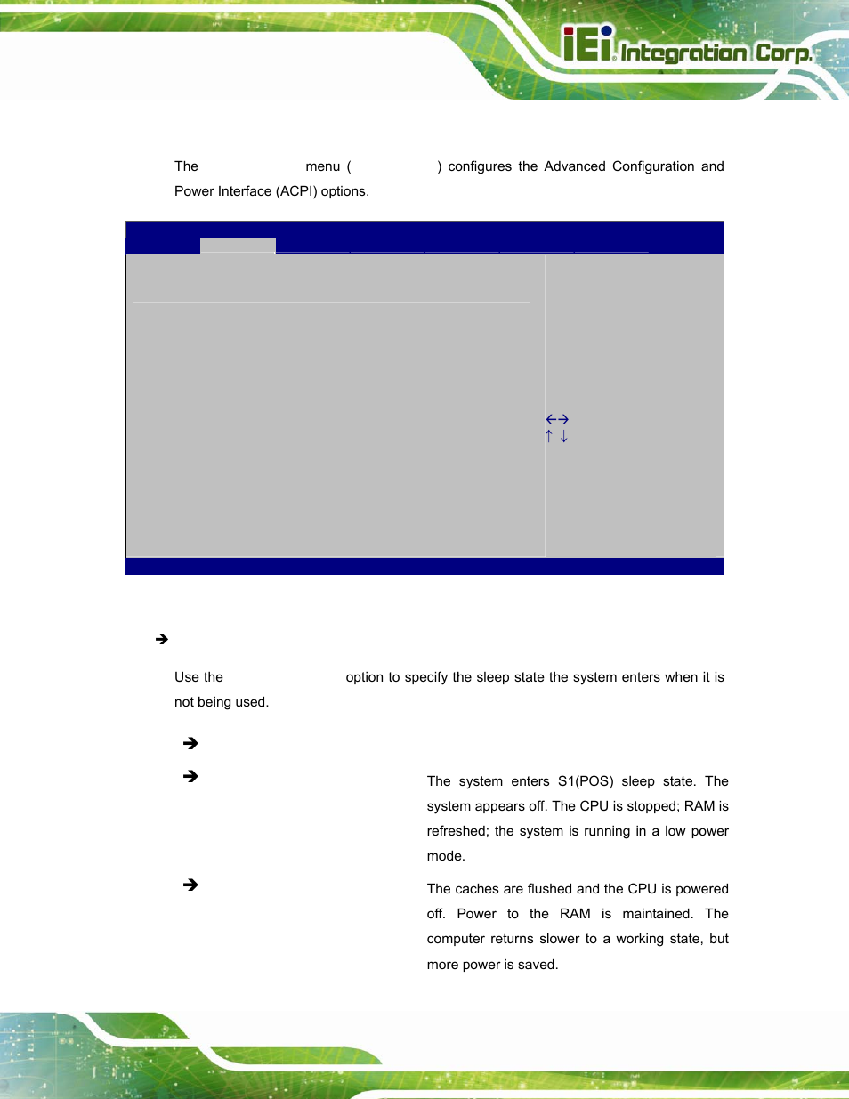 1 acpi settings | IEI Integration TANK-800-D525 v1.14 User Manual | Page 63 / 137
