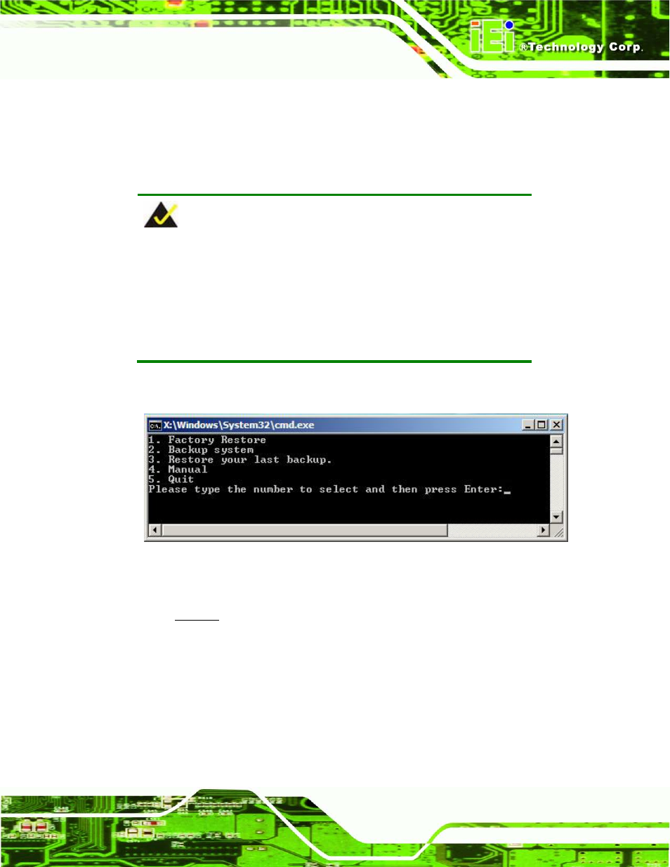 A.1 one key recovery introduction, Ecovery, Ntroduction | Figure a-1: iei one key recovery tool menu | IEI Integration TANK-600-D2550_N2600 User Manual | Page 84 / 132