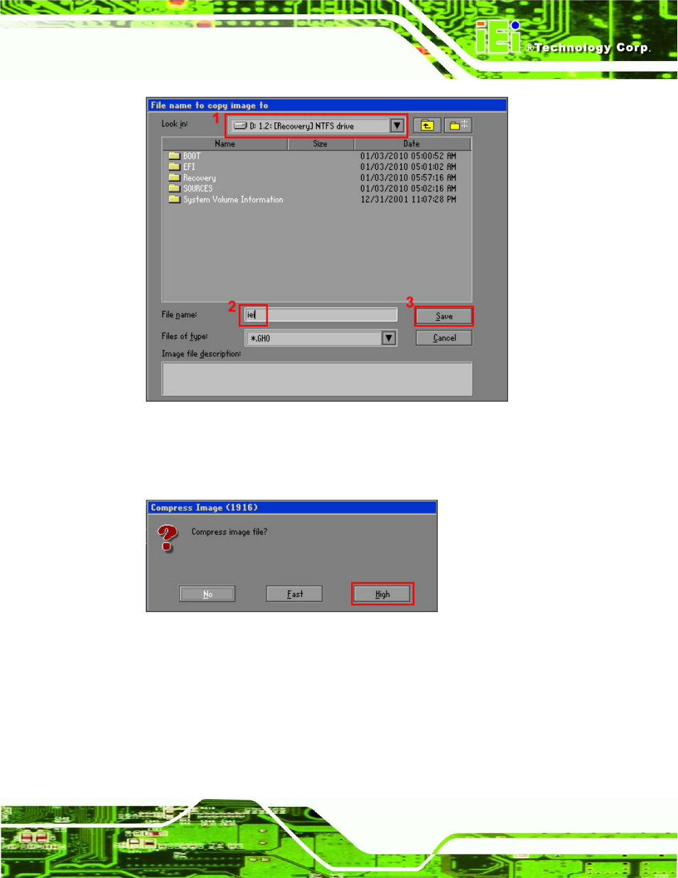 Figure a-16: file name to copy image to, Figure a-17: compress image | IEI Integration TANK-600-D2550_N2600 User Manual | Page 98 / 132