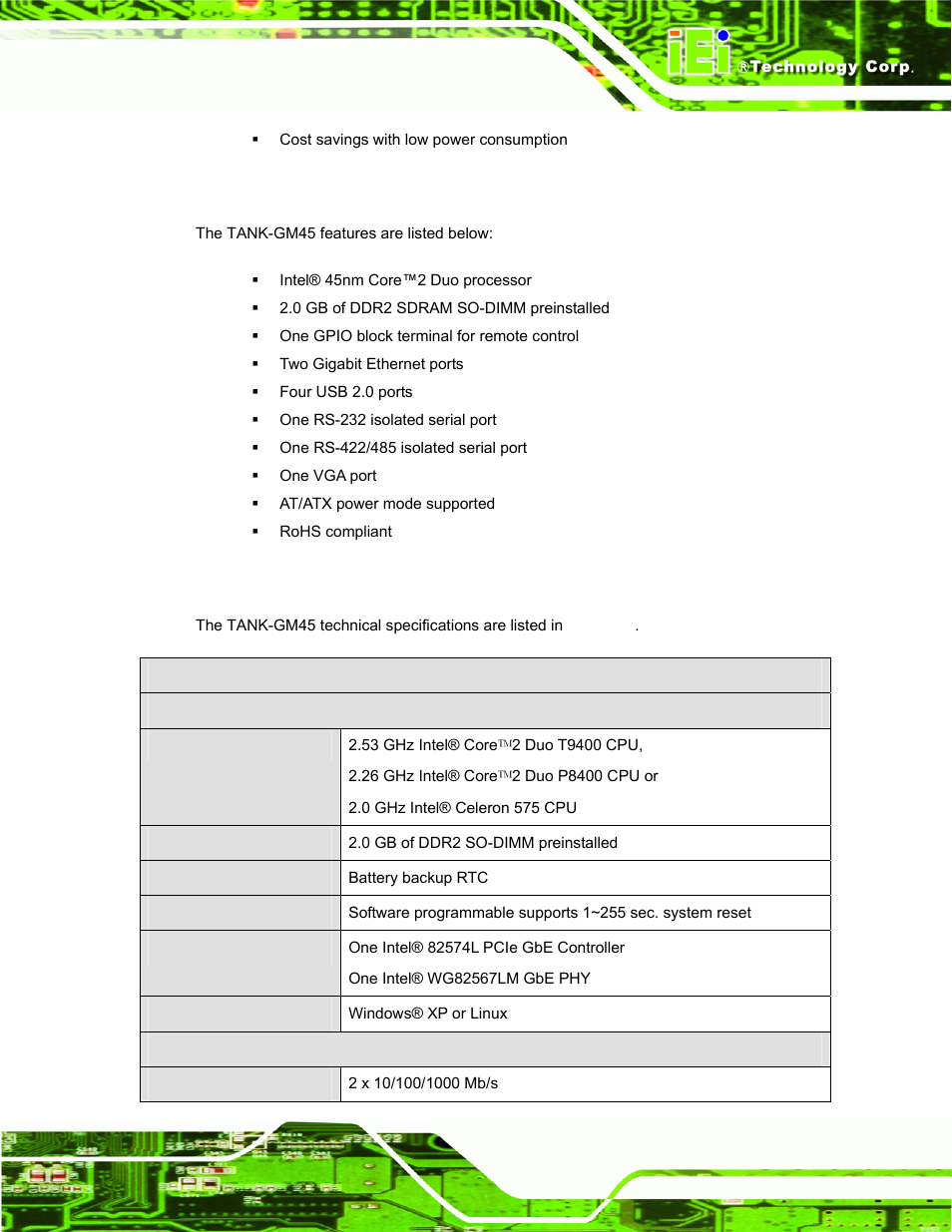 4 features, 5 technical specifications, Eatures | Echnical, Pecifications | IEI Integration TANK-GM45A User Manual | Page 13 / 104
