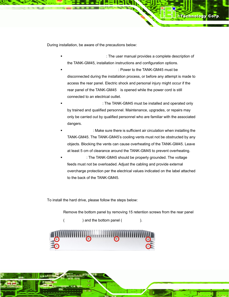 1 installation precautions, 2 hard disk drive (hdd) installation, Nstallation | Recautions, Rive, Hdd) | IEI Integration TANK-GM45A User Manual | Page 21 / 104
