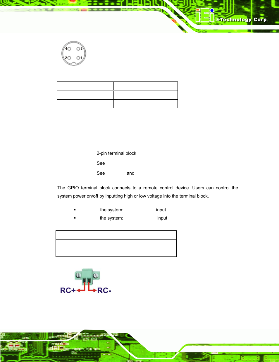 4 remote control connector, Figure 3-11: power input connector, Table 3-6: power input pinouts | Table 3-7: remote control terminal block pinouts, Figure 3-11 | IEI Integration TANK-GM45A User Manual | Page 29 / 104