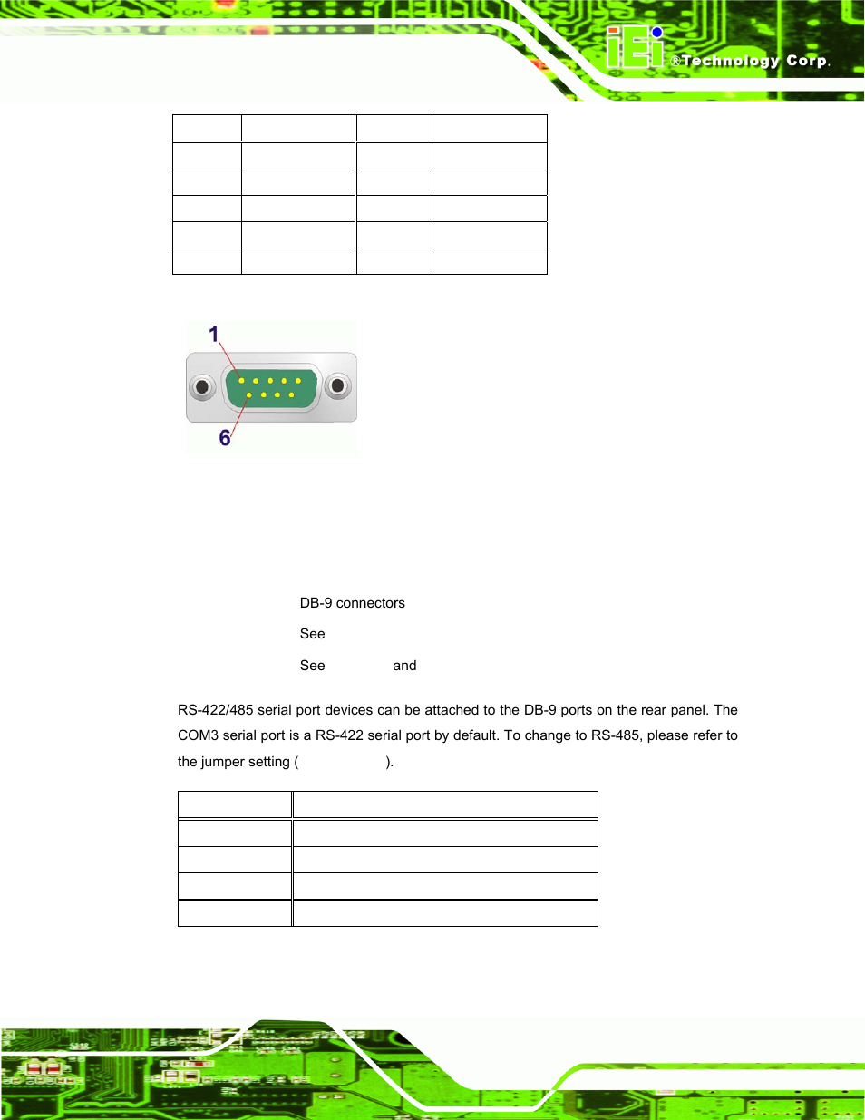 6 rs-422/485 serial port connector, Figure 3-14: serial port pinout location, Table 3-8: com1 serial port pinouts | Table 3-9: rs-422 pinouts, See table 3-8 and figure 3-14, Tank-gm45 embedded system page 21 | IEI Integration TANK-GM45A User Manual | Page 31 / 104