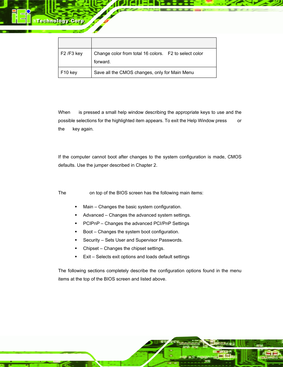 3 getting help, 4 unable to reboot after configuration changes, 5 bios menu bar | Table 4-1: bios navigation keys | IEI Integration TANK-GM45A User Manual | Page 38 / 104