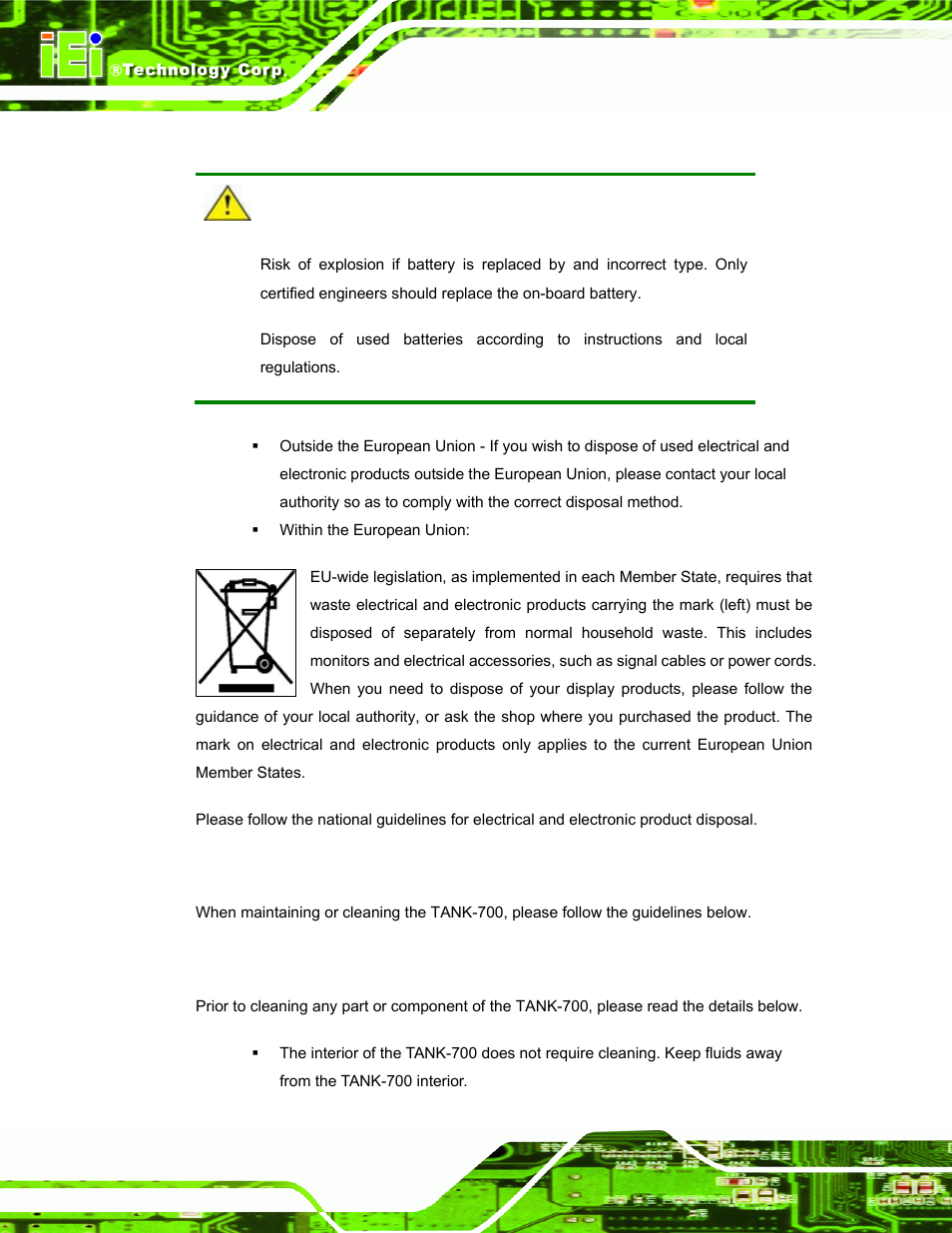 B.1.3 product disposal, B.2 maintenance and cleaning precautions, B.2.1 maintenance and cleaning | Aintenance and, Leaning, Recautions | IEI Integration TANK-700-QM67 v1.00 User Manual | Page 123 / 128