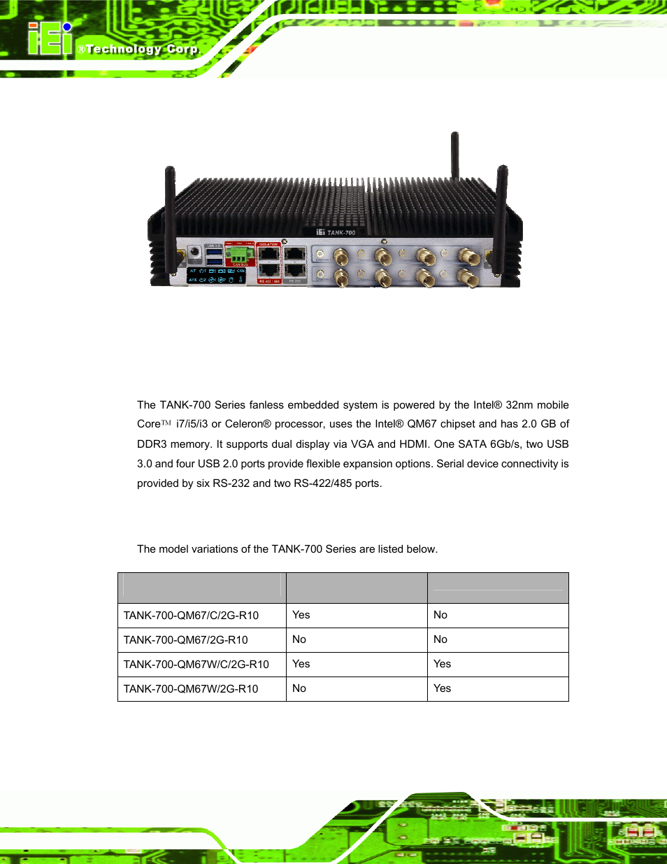 1 overview, 2 model variations, Verview | Odel, Ariations, Figure 1-1: tank-700, Table 1-1: tank-700 model variations | IEI Integration TANK-700-QM67 v1.00 User Manual | Page 13 / 128