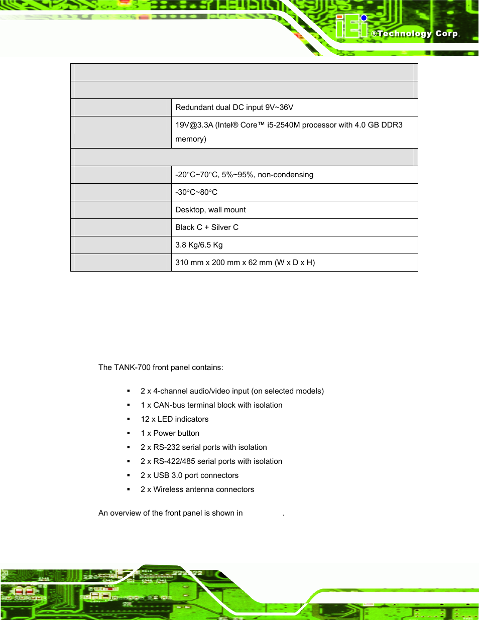 5 connector panel, 1 front panel, Onnector | Anel, Table 1-2: technical specifications | IEI Integration TANK-700-QM67 v1.00 User Manual | Page 16 / 128
