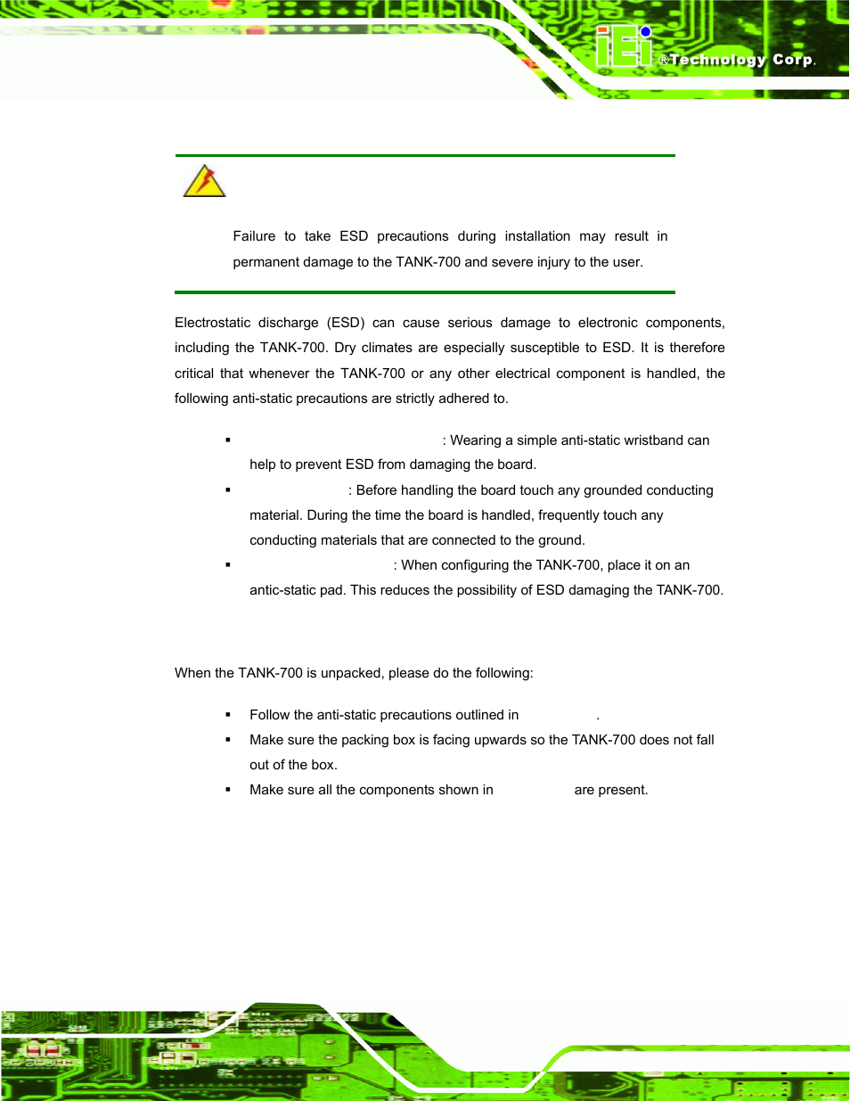 1 anti-static precautions, 2 unpacking precautions, Static | Recautions, Npacking | IEI Integration TANK-700-QM67 v1.00 User Manual | Page 22 / 128