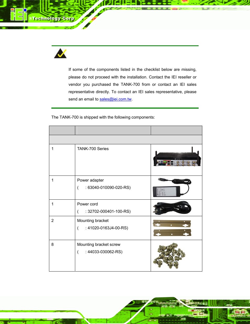 3 unpacking checklist, Npacking, Hecklist | IEI Integration TANK-700-QM67 v1.00 User Manual | Page 23 / 128