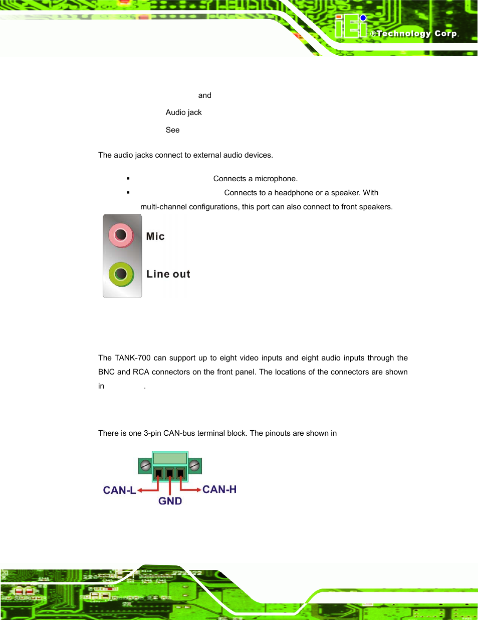 3 audio connector, 4 audio/video input connectors, 5 can-bus terminal block | Figure 3-15: audio connector, Figure 3-16: can-bus terminal block pinouts | IEI Integration TANK-700-QM67 v1.00 User Manual | Page 38 / 128