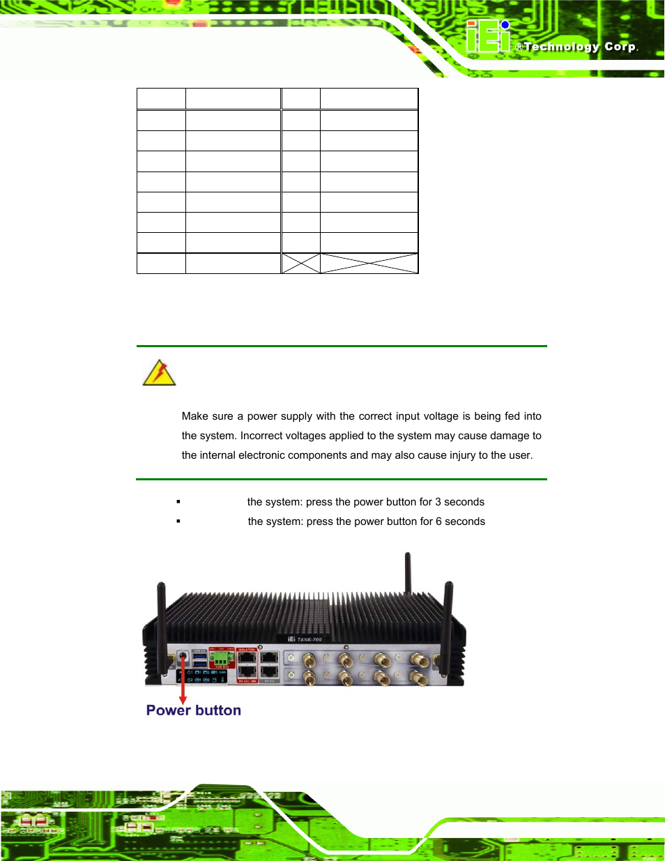 10 powering on/off the system, Owering, Ff the | Ystem, Figure 3-34: power button, Table 3-13: vga connector pinouts, Powering on/off the system, Warning | IEI Integration TANK-700-QM67 v1.00 User Manual | Page 52 / 128