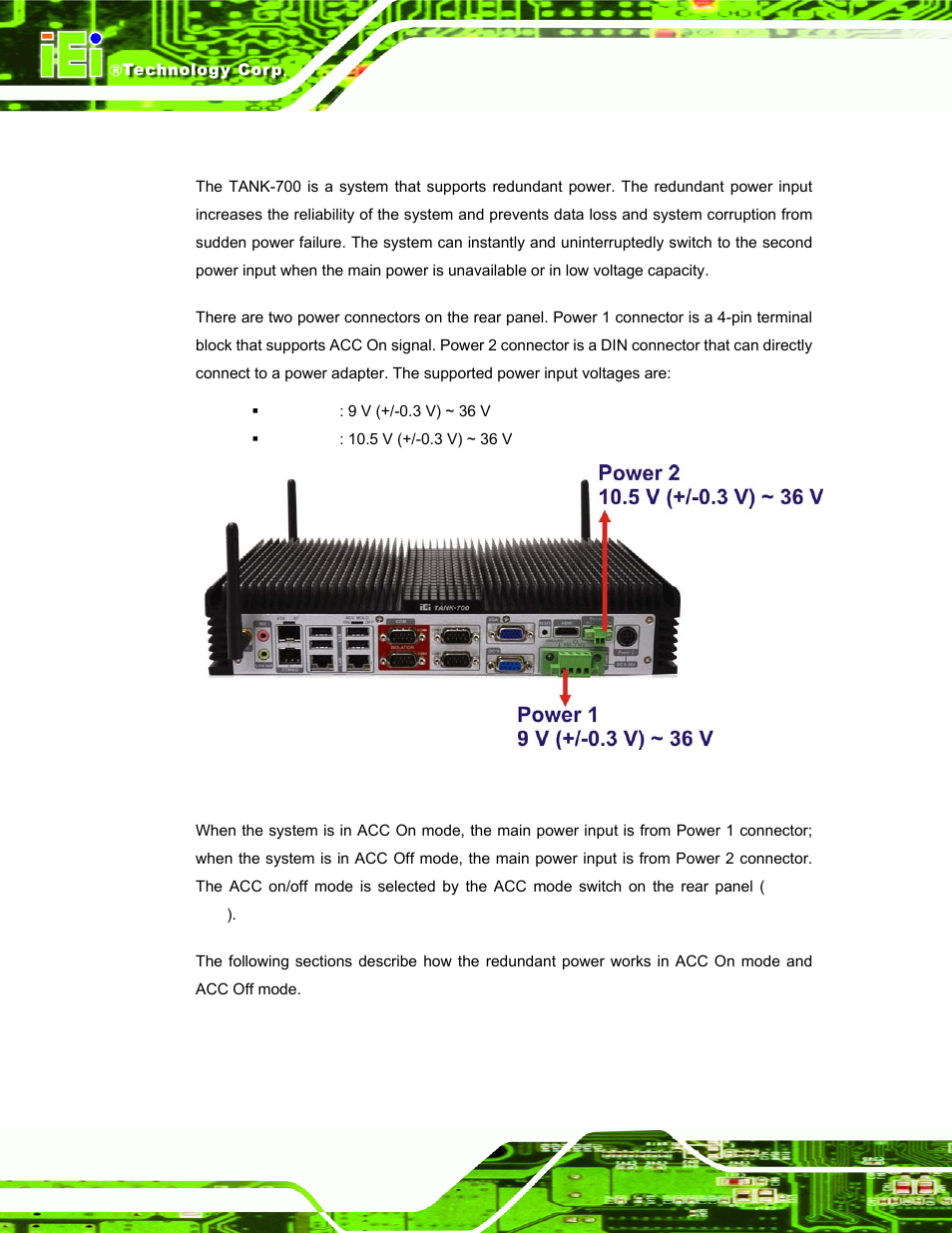 11 redundant power, Edundant, Ower | Figure 3-35: power connectors | IEI Integration TANK-700-QM67 v1.00 User Manual | Page 53 / 128