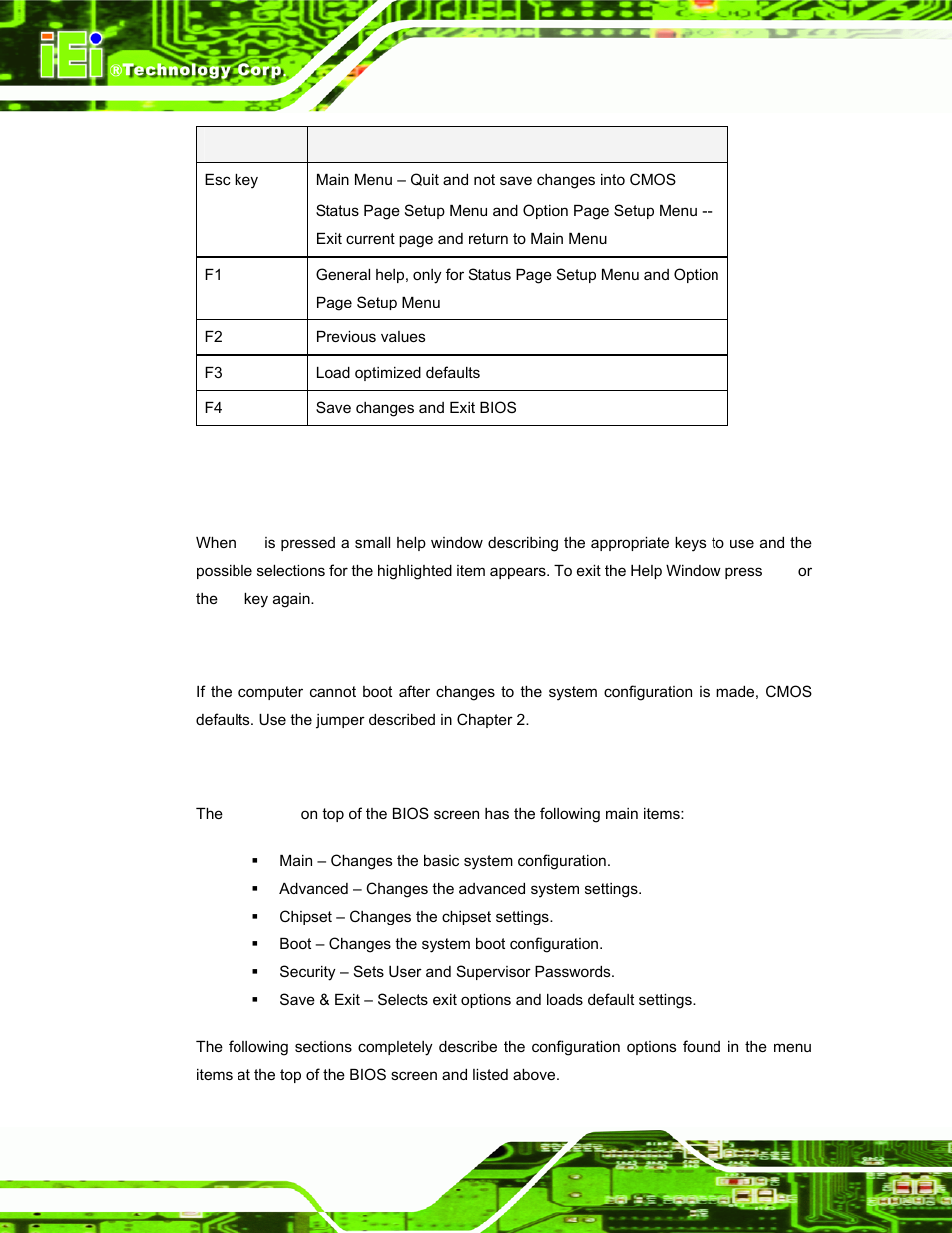 3 getting help, 4 unable to reboot after configuration changes, 5 bios menu bar | Table 4-1: bios navigation keys | IEI Integration TANK-700-QM67 v1.00 User Manual | Page 61 / 128
