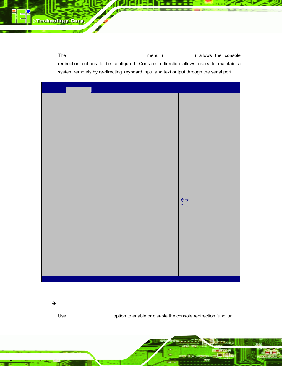 9 serial port console redirection | IEI Integration TANK-700-QM67 v1.00 User Manual | Page 81 / 128