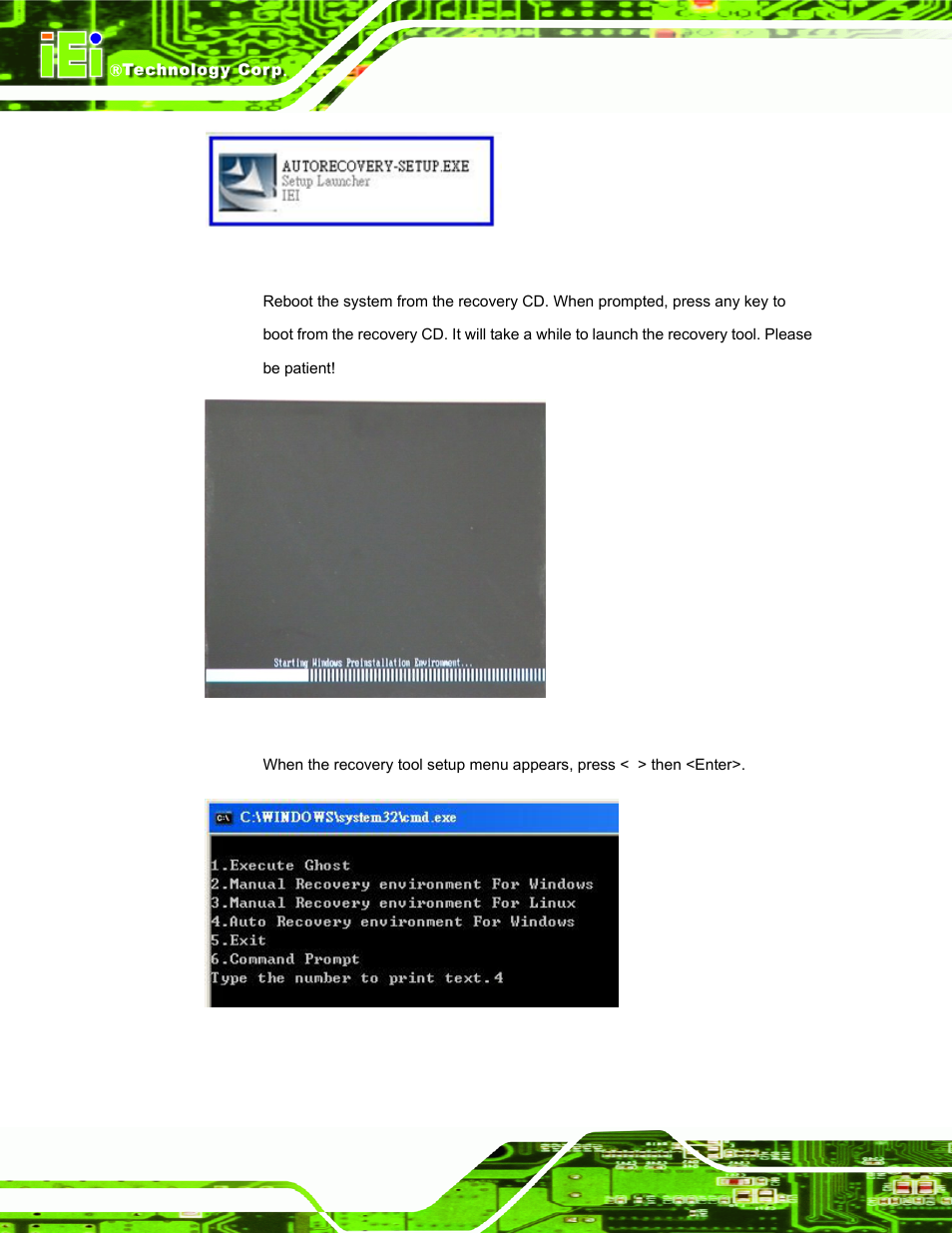 Figure a-22: auto recovery utility, Figure a-23: launching the recovery tool, Figure a-24: auto recovery environment for windows | IEI Integration TANK-700-QM67 v1.12 User Manual | Page 114 / 145