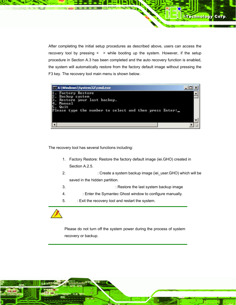 A.5 recovery tool functions, Ecovery, Unctions | Figure a-33: recovery tool main menu | IEI Integration TANK-700-QM67 v1.12 User Manual | Page 121 / 145
