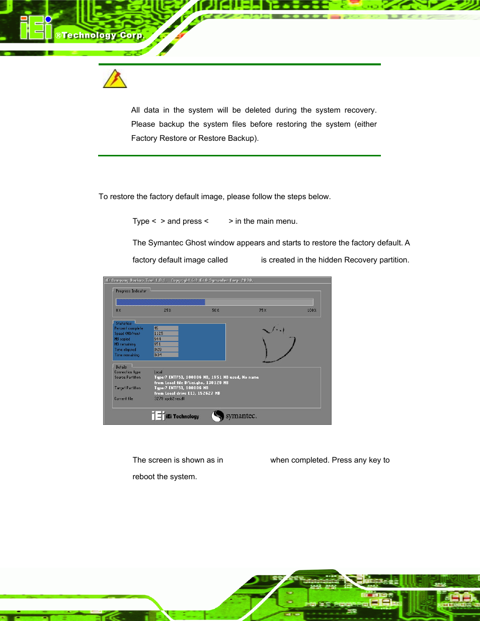 A.5.1 factory restore, Figure a-34: restore factory default | IEI Integration TANK-700-QM67 v1.12 User Manual | Page 122 / 145