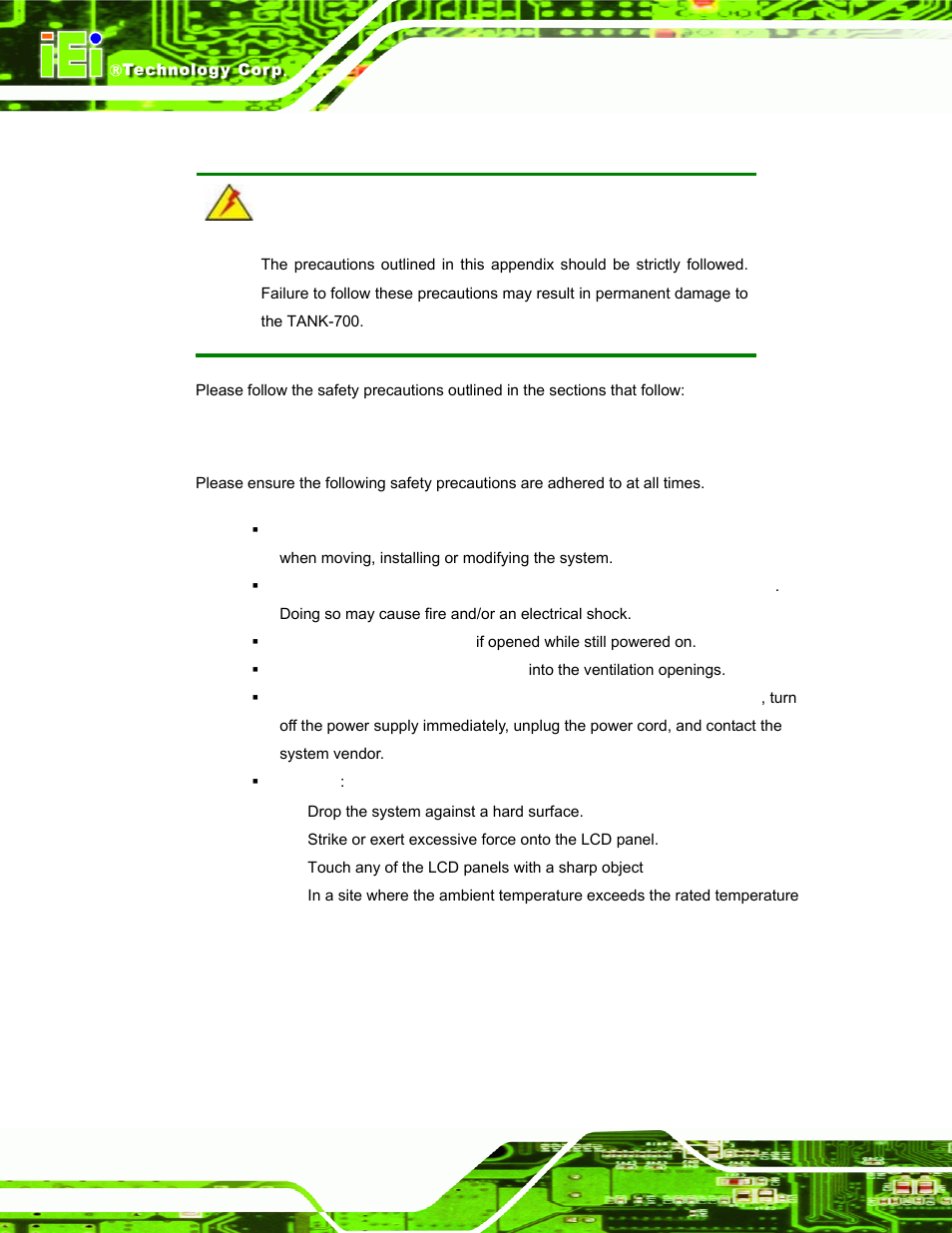 B.1 safety precautions, B.1.1 general safety precautions, Afety | Recautions | IEI Integration TANK-700-QM67 v1.12 User Manual | Page 138 / 145
