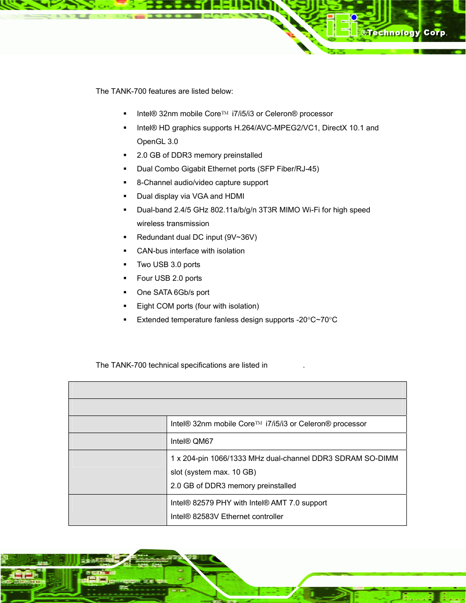 3 features, 4 technical specifications, Eatures | Echnical, Pecifications | IEI Integration TANK-700-QM67 v1.12 User Manual | Page 15 / 145