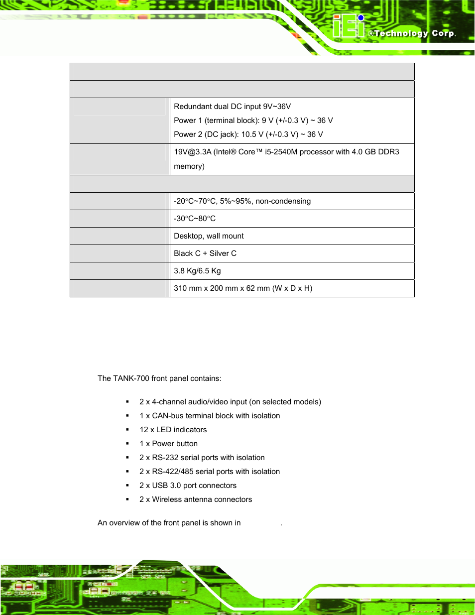 5 connector panel, 1 front panel, Onnector | Anel, Table 1-2: technical specifications | IEI Integration TANK-700-QM67 v1.12 User Manual | Page 17 / 145