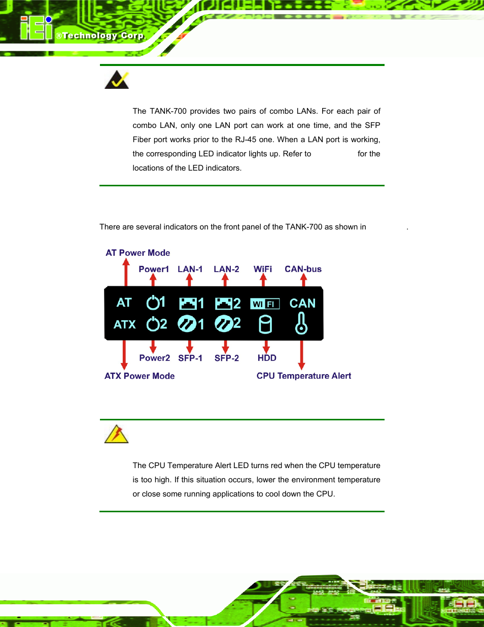 6 led indicators, Ndicators, Figure 1-4: tank-700 led indicators | IEI Integration TANK-700-QM67 v1.12 User Manual | Page 20 / 145