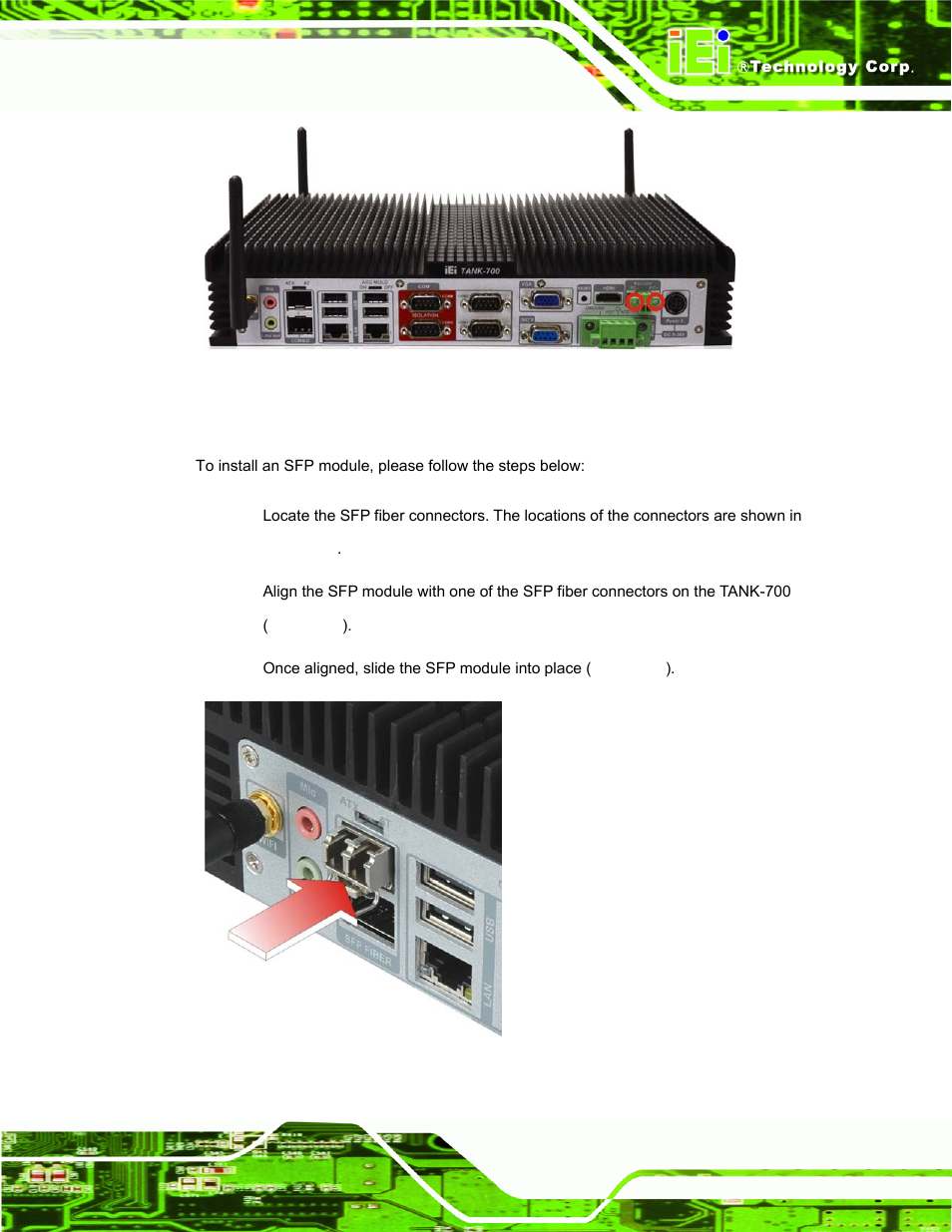 6 sfp module installation, Odule, Nstallation | Figure 3-8: sfp module installation | IEI Integration TANK-700-QM67 v1.12 User Manual | Page 33 / 145