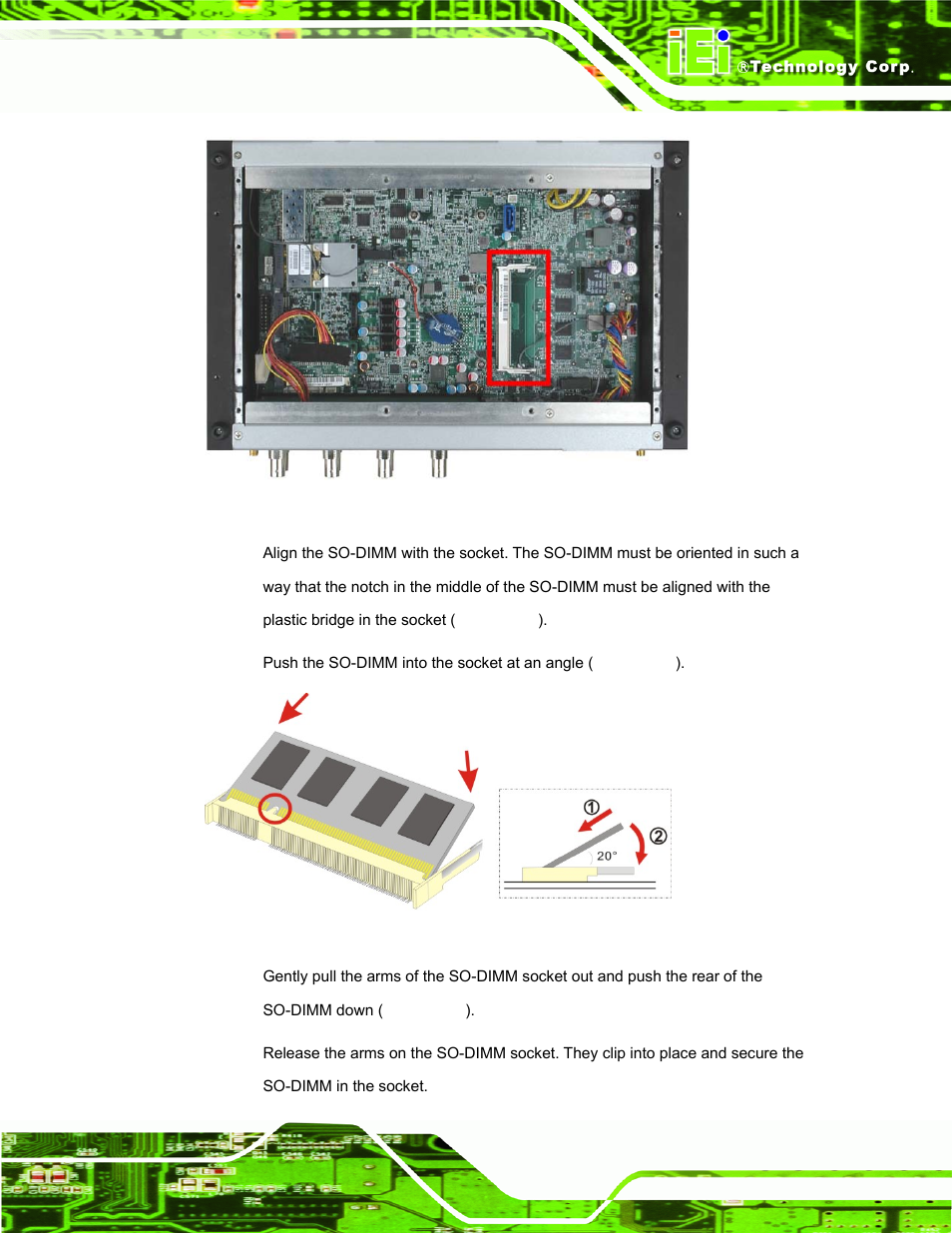 Figure 3-10: so-dimm socket, Figure 3-11: so-dimm installation | IEI Integration TANK-700-QM67 v1.12 User Manual | Page 35 / 145
