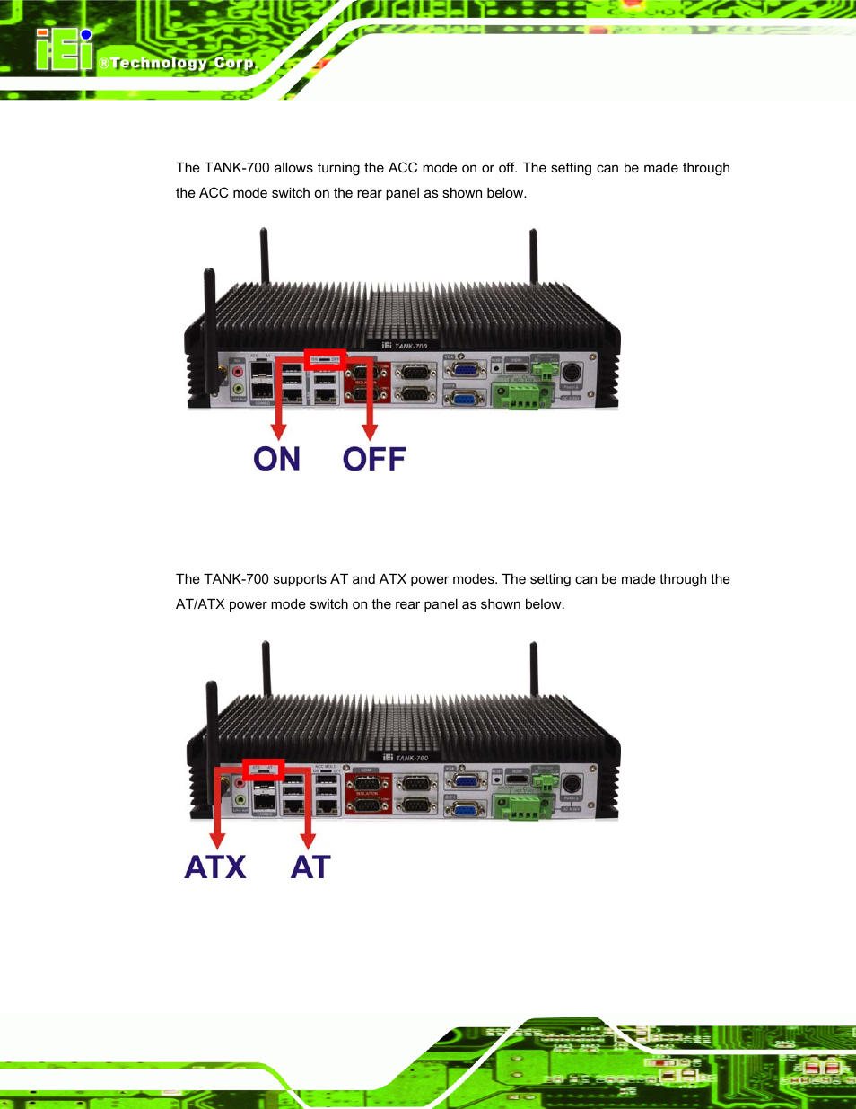 1 acc mode selection, 2 at/atx power mode selection, Figure 3-13: acc mode switch | Figure 3-14: at/atx power mode switch | IEI Integration TANK-700-QM67 v1.12 User Manual | Page 38 / 145