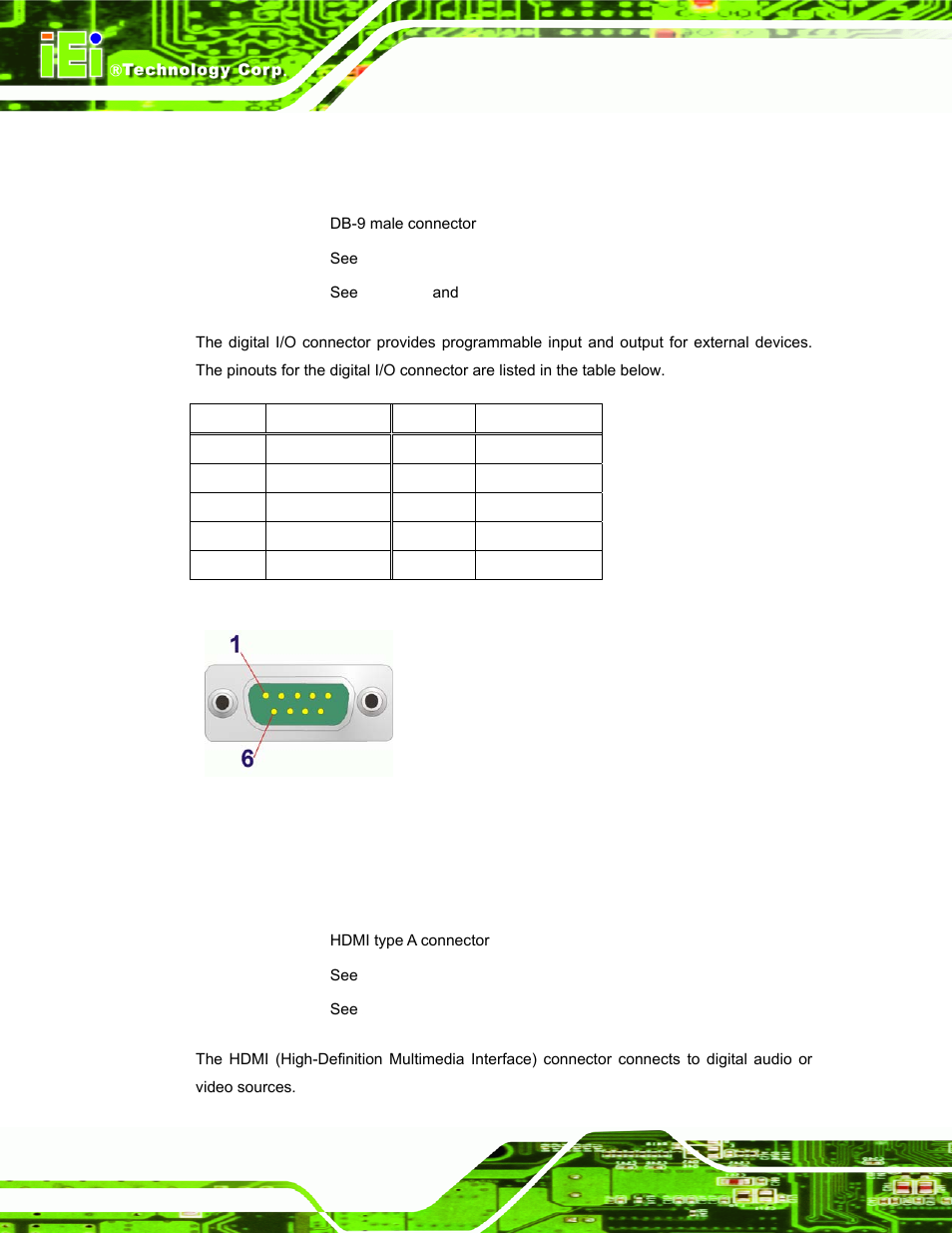 6 digital input/output connector, 7 hdmi connector, Figure 3-17: dio connector pinout location | Table 3-1: dio connector pinouts | IEI Integration TANK-700-QM67 v1.12 User Manual | Page 40 / 145