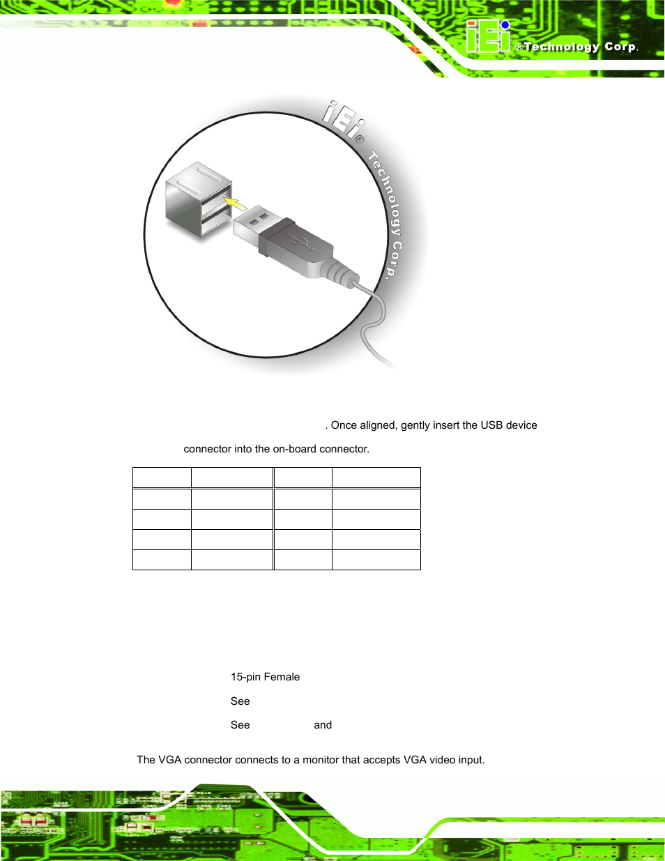17 vga connector, Figure 3-31: usb device connection, Table 3-12: usb port pinouts | See table 3-12, Figure 3-31 | IEI Integration TANK-700-QM67 v1.12 User Manual | Page 51 / 145