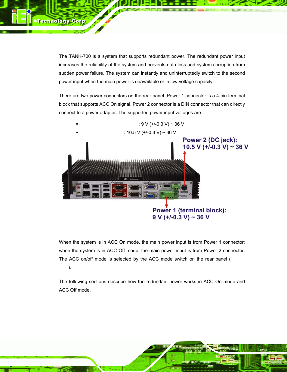 11 redundant power, Edundant, Ower | Figure 3-35: power connectors | IEI Integration TANK-700-QM67 v1.12 User Manual | Page 54 / 145