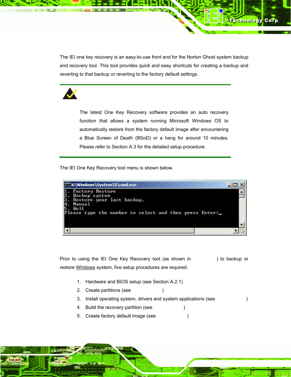 A.1 one key recovery introduction, Ecovery, Ntroduction | Figure a-1: iei one key recovery tool menu | IEI Integration TANK-700-QM67 v1.12 User Manual | Page 97 / 145