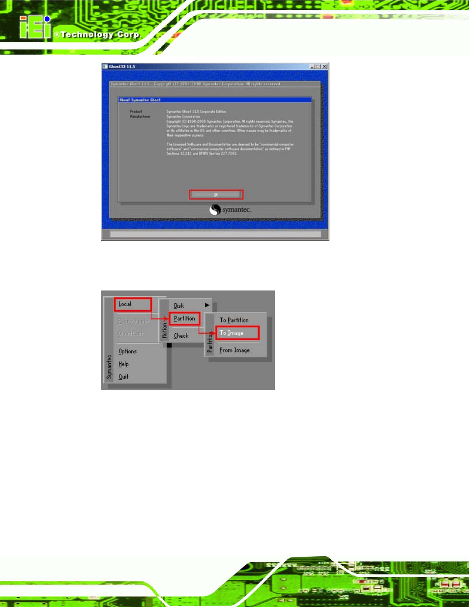 Figure a-12: about symantec ghost window, Figure a-13: symantec ghost path | IEI Integration TANK-700-QM67 v2.00 User Manual | Page 108 / 144