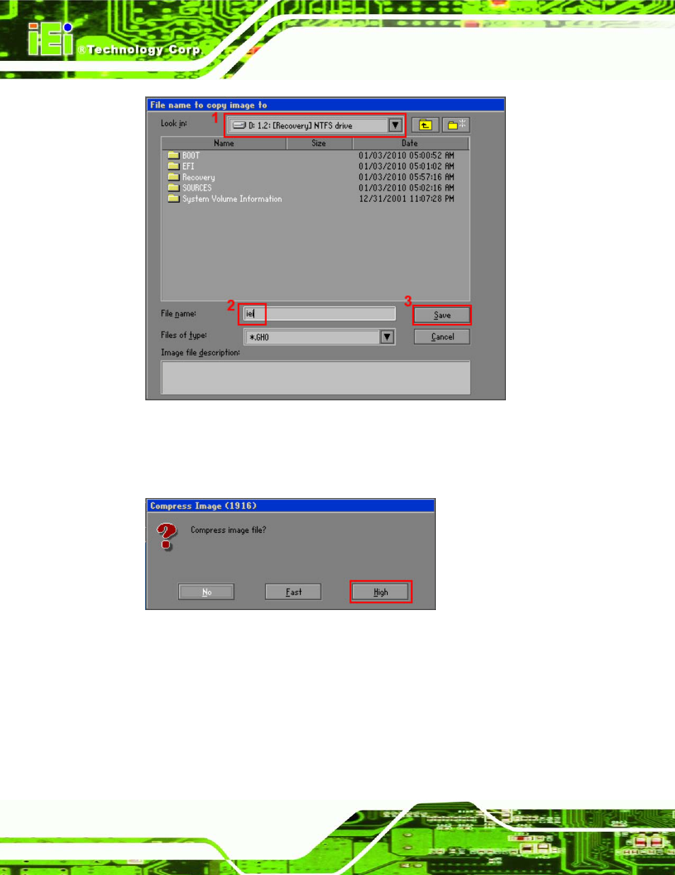 Figure a-16: file name to copy image to, Figure a-17: compress image | IEI Integration TANK-700-QM67 v2.00 User Manual | Page 110 / 144