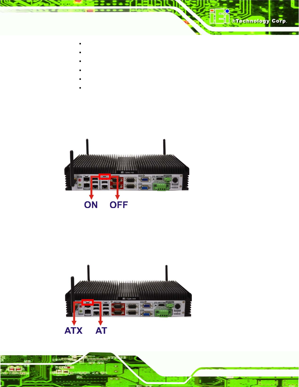 1 acc mode selection, 2 at/atx power mode selection, Figure 3-12: acc mode switch | Figure 3-13: at/atx power mode switch | IEI Integration TANK-700-QM67 v2.00 User Manual | Page 37 / 144