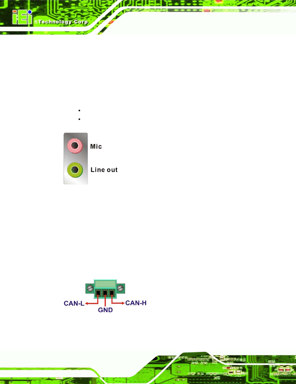 3 audio connector, 4 audio/video input connectors, 5 can-bus terminal block | Figure 3-14: audio connector, Figure 3-15: can-bus terminal block pinouts | IEI Integration TANK-700-QM67 v2.00 User Manual | Page 38 / 144