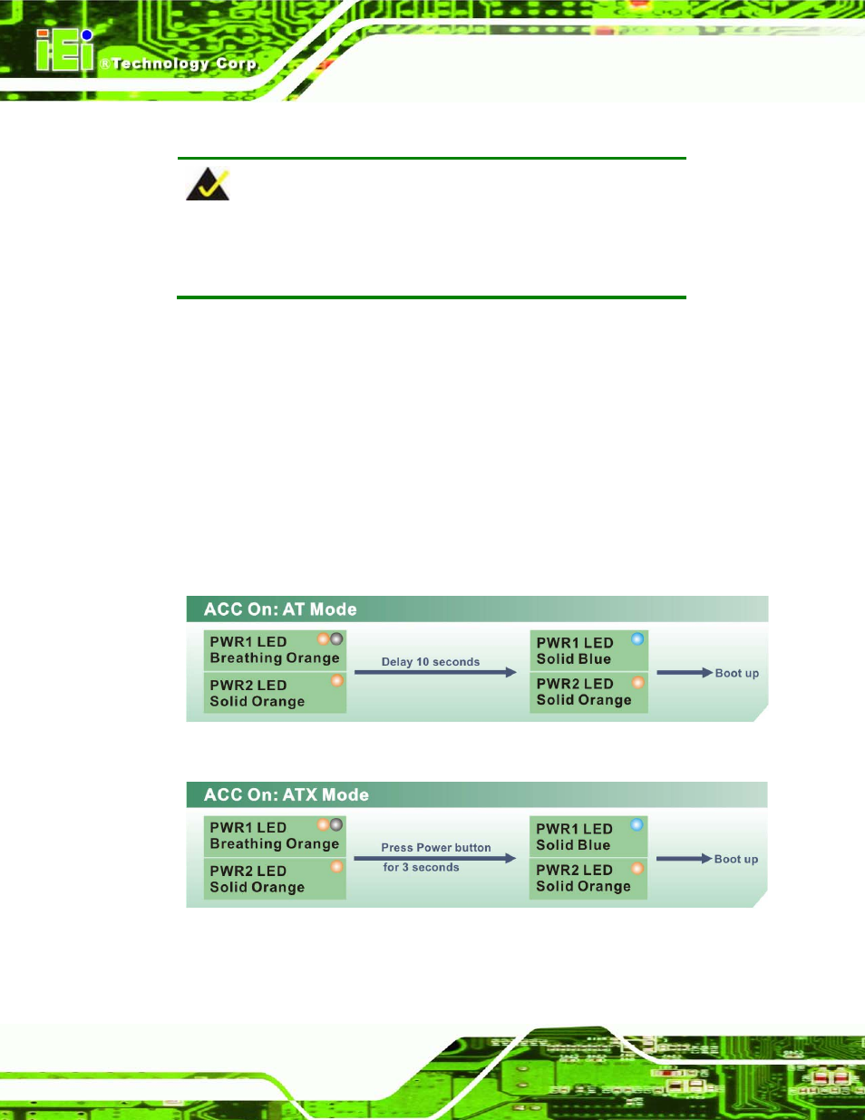 1 acc on, 1 boot-up, Figure 3-35: acc on: at mode | Figure 3-36: acc on: atx mode | IEI Integration TANK-700-QM67 v2.00 User Manual | Page 54 / 144