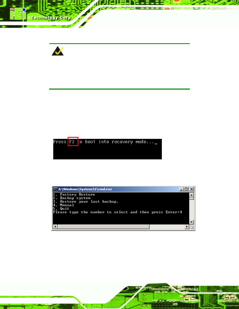 A.2.5 create factory default image, Figure a-10: press f3 to boot into recovery mode, Figure a-11: recovery tool menu | IEI Integration TANK-720-Q67 User Manual | Page 110 / 147