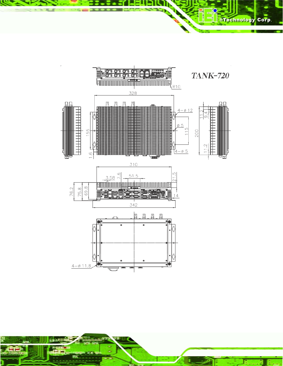 7 dimensions, Imensions, Figure 1-5: physical dimensions (mm) | IEI Integration TANK-720-Q67 User Manual | Page 21 / 147