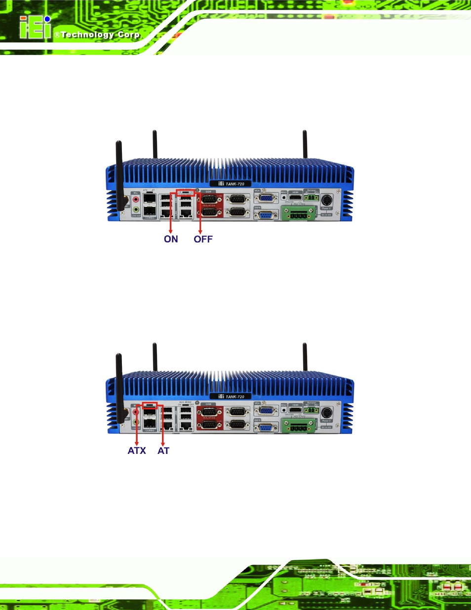 1 acc mode switch, 2 at/atx power mode switch, Figure 3-13: acc mode switch | Figure 3-14: at/atx power mode switch | IEI Integration TANK-720-Q67 User Manual | Page 38 / 147
