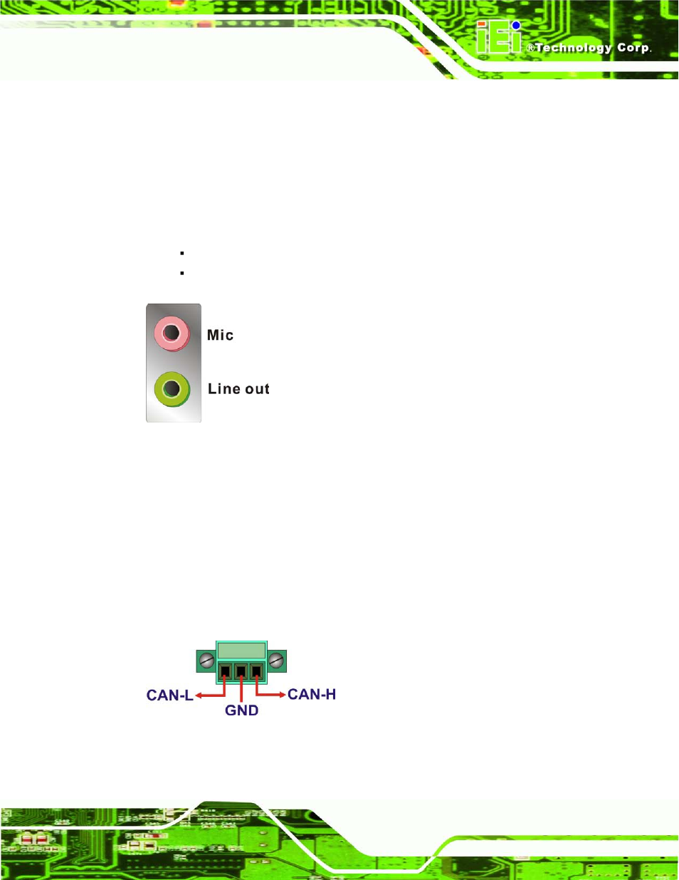 3 audio connector, 4 audio/video input connectors, 5 can-bus terminal block | Figure 3-15: audio connector, Figure 3-16: can-bus terminal block pinouts | IEI Integration TANK-720-Q67 User Manual | Page 39 / 147