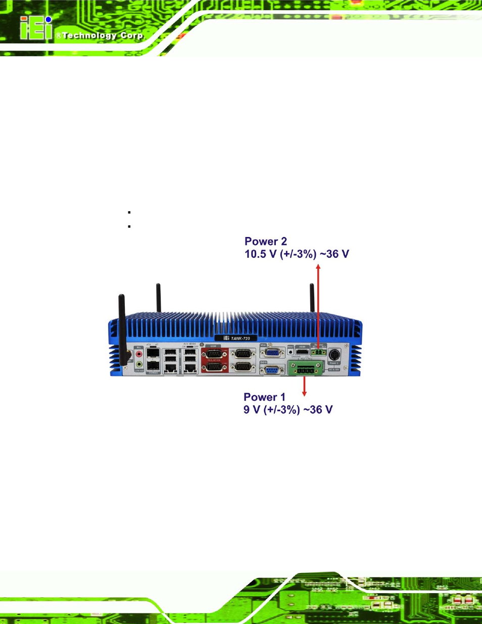 11 redundant power, Edundant, Ower | Figure 3-35: power connectors | IEI Integration TANK-720-Q67 User Manual | Page 54 / 147