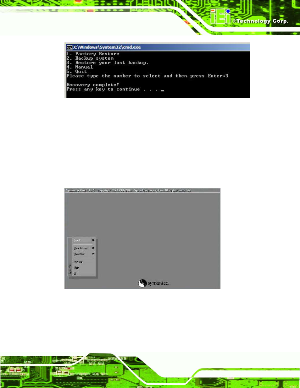 A.5.4 manual, Figure a-39: restore system backup complete window, Figure a-40: symantec ghost window | IEI Integration TANK-820-H61 v1.00 User Manual | Page 138 / 158