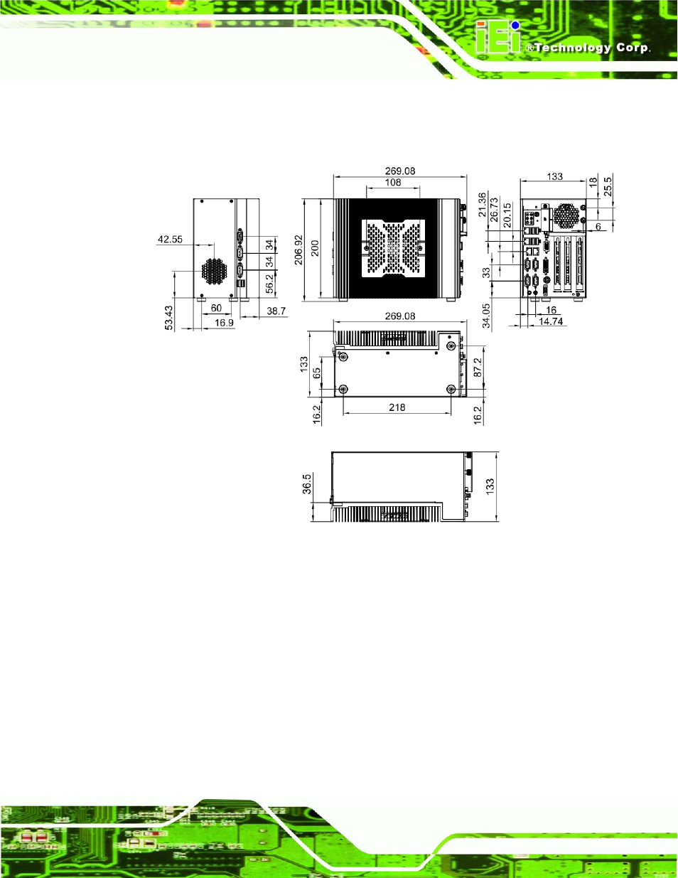 9 dimensions, Imensions, Figure 1-7: physical dimensions (millimeters) | IEI Integration TANK-820-H61 v1.00 User Manual | Page 24 / 158