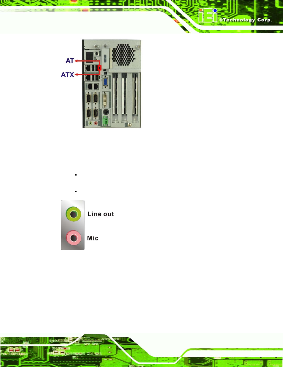 3 audio connector, 4 compactflash® type ii, Figure 3-12: at/atx power mode switch | Figure 3-13: audio connector | IEI Integration TANK-820-H61 v1.00 User Manual | Page 40 / 158