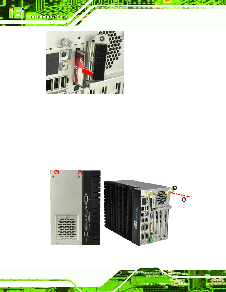 3 hard disk drive (hdd) installation, Rive, Hdd) | Nstallation, Figure 3-3: cf card installation, Figure 3-4: unscrew the cover, 3 ha rd dis k drive (hdd) in s ta lla tio n | IEI Integration TANK-820-H61 v2.00 User Manual | Page 33 / 158